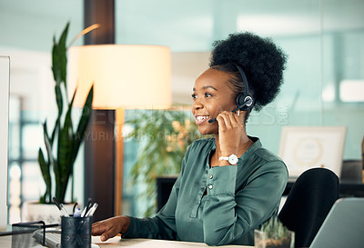 Buy stock photo Call center, black woman and smile for telemarketing, business or customer service in office for deadline. Contact us, crm and African female sales agent, support consultant or professional at night.