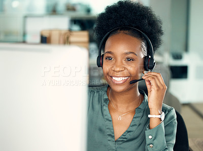 Buy stock photo Call center,  smile of black woman and computer for telemarketing, customer service or business in office. Contact us, crm and happy African female sales agent, support consultant or professional.