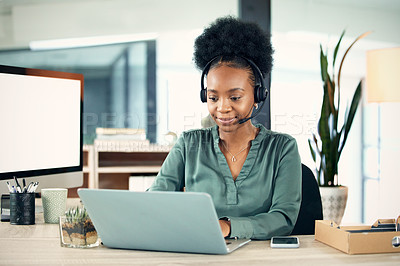 Buy stock photo Business, call center and black woman with a laptop, telemarketing and typing with connection. Female person, agent or consultant with a pc, technology or agency for customer service or tech support 