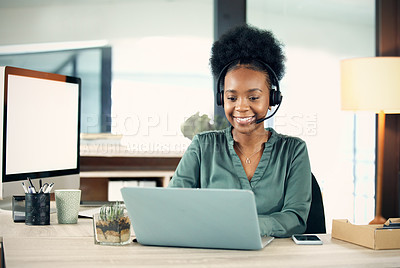Buy stock photo Business, call center and black woman with a laptop, customer service and help with headphones. Female person, agent or employee with a pc, technology and tech support with advice, consulting and crm