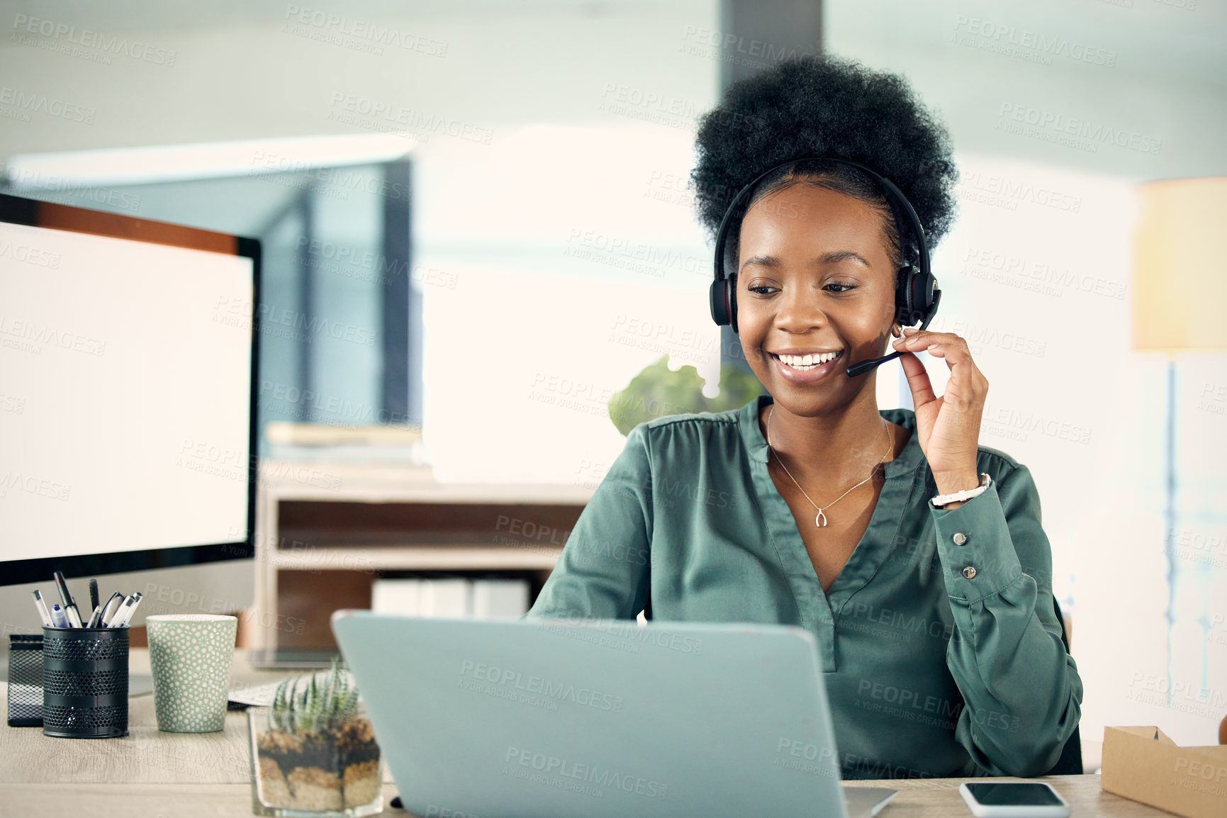 Buy stock photo Employee, call center or black woman with a laptop, connection or customer service in a workplace. Female person, agent or consultant with a pc, technology or agency for tech support or telemarketing