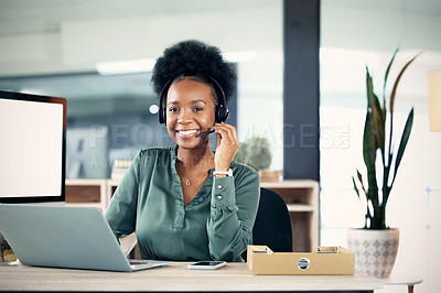 Buy stock photo Portrait, call center and black woman with a laptop, customer service and consulting with connection. Female person, agent and consultant with a pc, technology and agency for tech support and advice