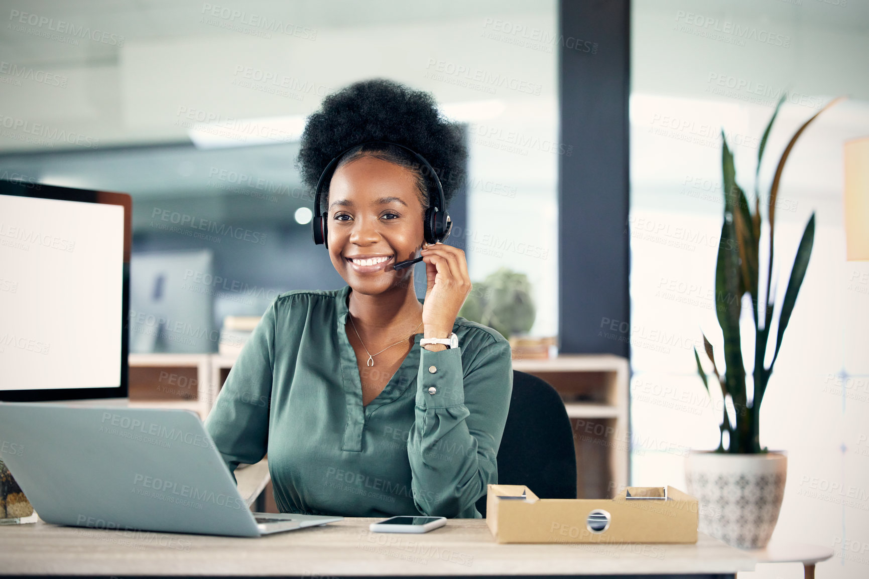 Buy stock photo Portrait, call center and black woman with a laptop, customer service and consulting with connection. Female person, agent and consultant with a pc, technology and agency for tech support and advice