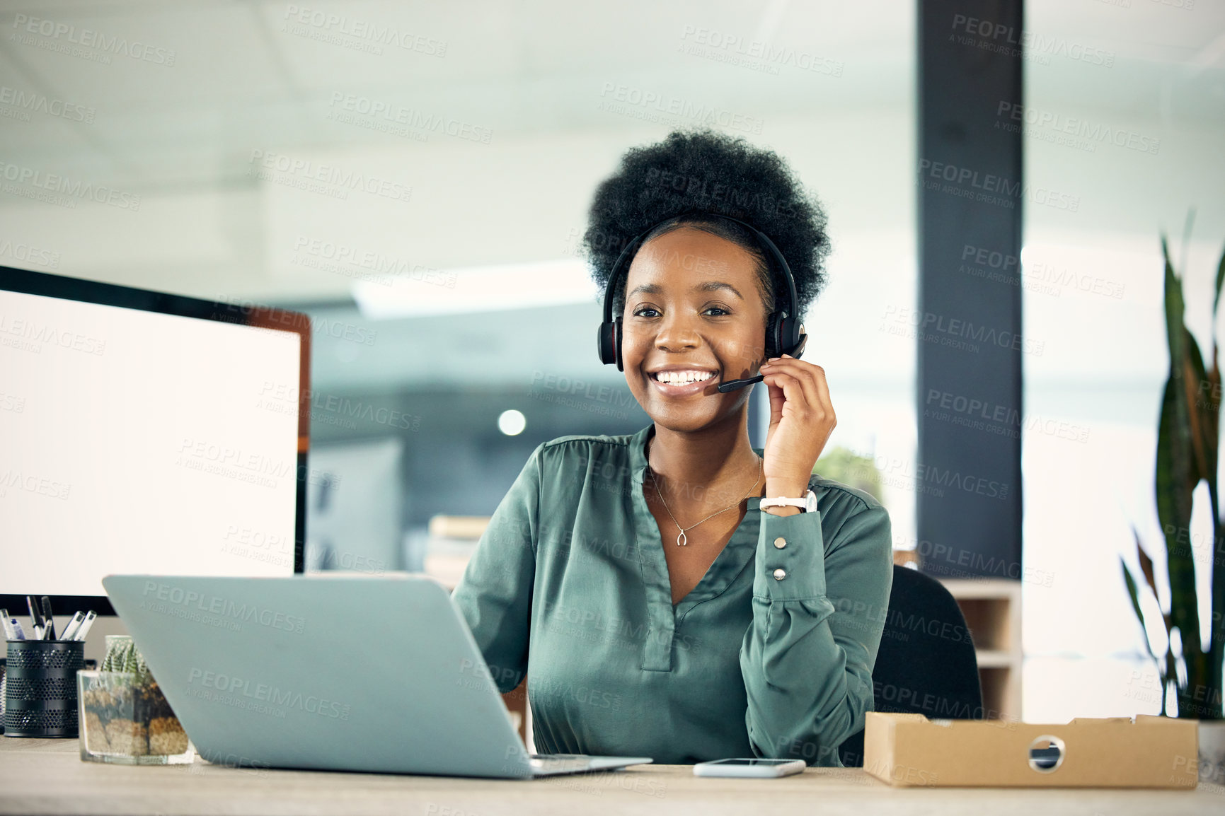 Buy stock photo Professional, woman and working in portrait at a call centre at a company with communication with customer. Customer service, female consultant and helping clients for online service at an agency.