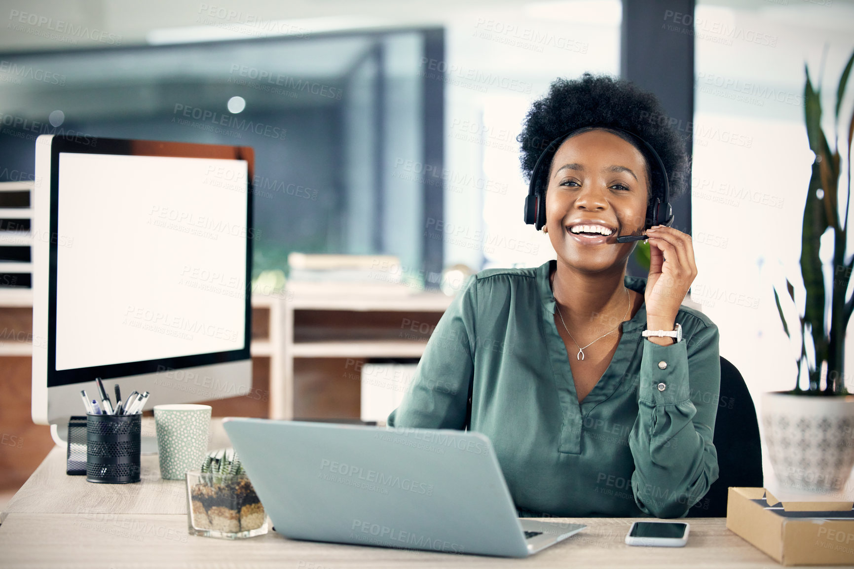 Buy stock photo Portrait, black woman and happy with technology at call center for customer or client support and service. Office, crm and laptop or mockup screen as consultant with smile for job and career growth