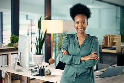 Buy stock photo Success, crossed arms and portrait of a businesswoman in her office with confidence and leadership. Corporate, professional and African female executive ceo with vision, ideas and goals in workplace.