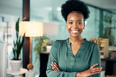 Buy stock photo Confidence, crossed arms and portrait of a woman in her office with pride and leadership. Corporate, professional and African female executive business ceo with vision, ideas and goals in workplace.