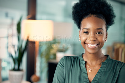Buy stock photo Portrait, smile and black woman, designer or creative in office workplace. Happy, face and African female entrepreneur or design professional from South Africa with pride for business career at night