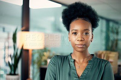 Buy stock photo Portrait, business and black woman with a career, serious and professional in a workplace, success or startup. Face, female person or employee with skills, consultant or agent in an office and growth