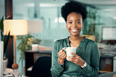Buy stock photo African woman, portrait and office with coffee, smile and confidence for career goals. Creative writer, professional news editor and expert reporter for content creation, publishing and press startup