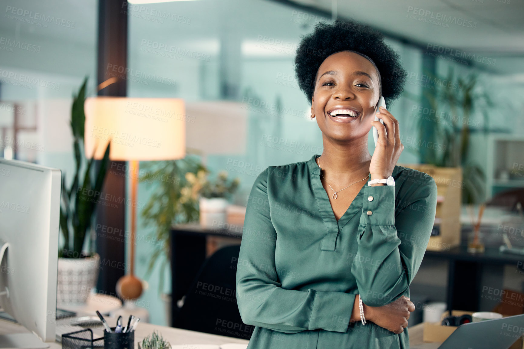 Buy stock photo African woman, portrait and office with phone call, smile and confidence for goals. Creative writer, professional news editor and expert reporter for content creation, publishing and press startup