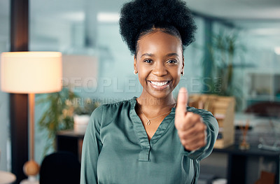 Buy stock photo Thumbs up, smile and portrait of a businesswoman in the office with confidence and success. Happy, emoji and professional African female hr manager with an approval hand gesture in the workplace.