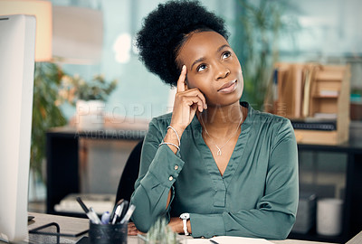 Buy stock photo Office, black woman and thinking with ideas or vision for business opportunities or growth for project management. Thoughts, female employee and administration work, deadline and task with computer