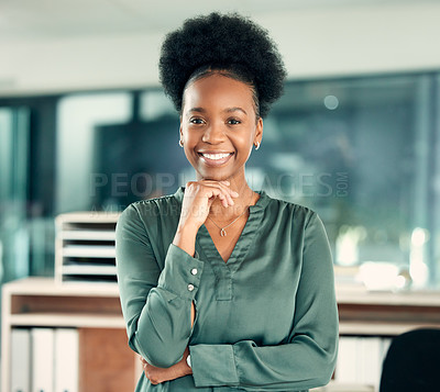 Buy stock photo African woman, portrait and office with thinking, smile and confidence for goals. Creative writer, professional news editor and expert reporter for content creation, publishing and press startup