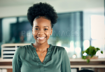 Buy stock photo African woman, portrait and office with goals, proud and confidence for career smile. Creative writer, professional news editor and expert reporter for content creation, publishing and press startup