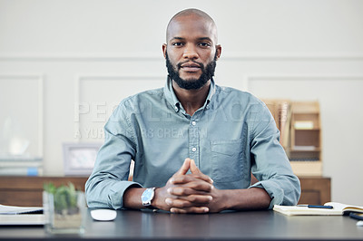 Buy stock photo Portrait, business and black man at desk in office, startup or entrepreneur focus on planning, strategy and career. Businessman, working and confident mindset, motivation and commitment to company