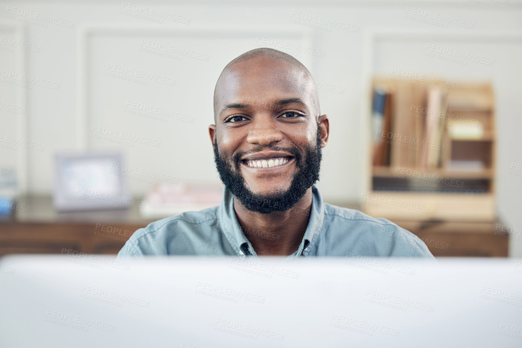 Buy stock photo Portrait, office and black man at desk, computer and employee at corporate company. Technology, lawyer and smile for happy male person, attorney and law firm for business research for legal case