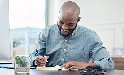 Buy stock photo Businessman, office and notebook with smile with writing for planning with creative project. Strategy, accounting and records for corporate clients with schedule, entrepreneur and technology at desk