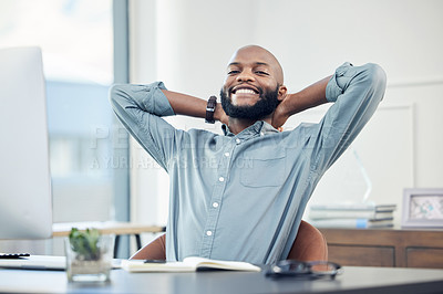 Buy stock photo Businessman, relax and office in portrait with smile for break or lunch in company. Win, accomplishment and employee with rest, satisfaction and achievement in business with happiness or comfort