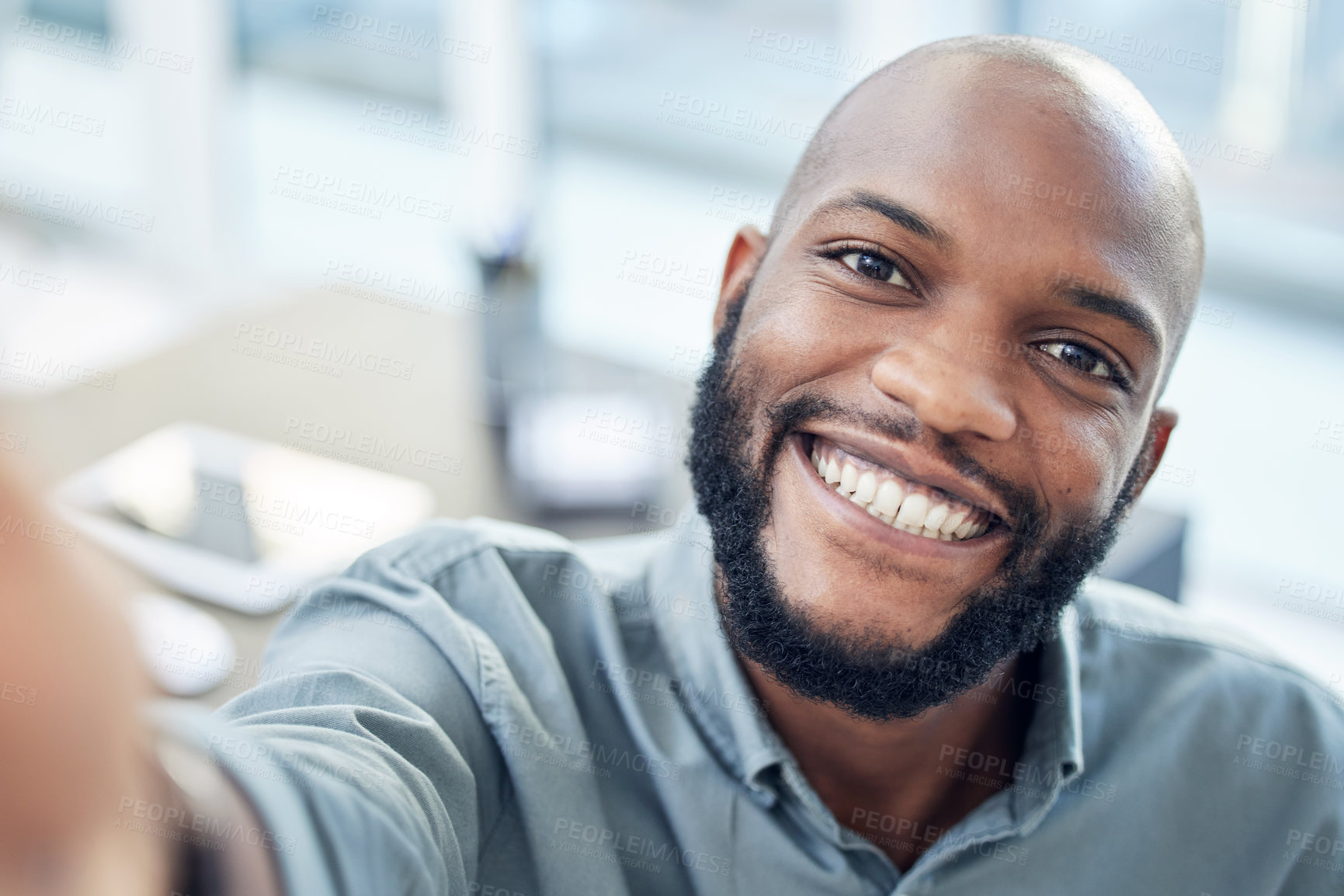 Buy stock photo Happy selfie and business with black man in office for social media, network or professional. Smile, happiness and pride with portrait of male employee and picture for entrepreneur, creative or pride