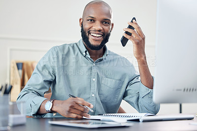 Buy stock photo Businessman, smartphone and office with smile in portrait for business with client calls or research. Communication, company and telemarketing with employee for happiness with confidence in job