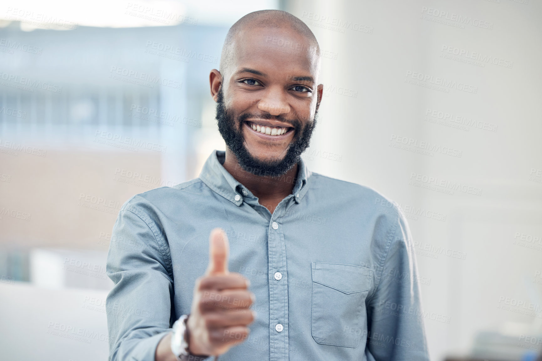 Buy stock photo Professional black man, thumbs up with success and portrait, smile with agreement and hand gesture. Mockup space, emoji and support with feedback, like and yes, male person in business and vote