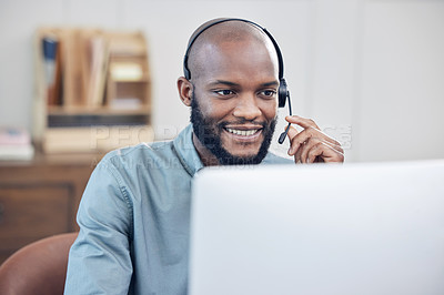 Buy stock photo Black man, call center and microphone with smile, listening computer in customer service job at office. African male consultant, headset and happy at telemarketing agency, contact us and tech support