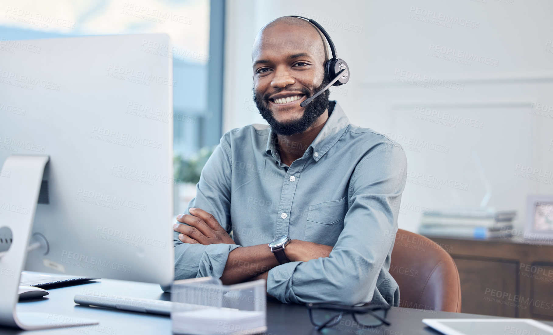 Buy stock photo Call center, headset and a black man at computer for customer service, crm or telemarketing. Smile portrait of African person, consultant or agent for sales, contact us and help desk for support