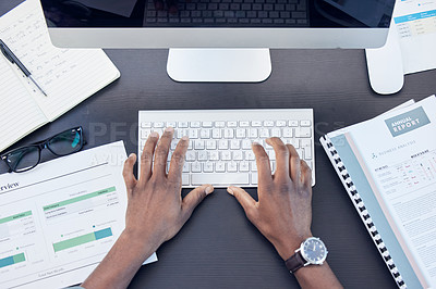 Buy stock photo Hands, man and keyboard for typing in office, computer and finance report or online for budget. Male person, fingers and above for accounting or paperwork, admin and internet for tax or business