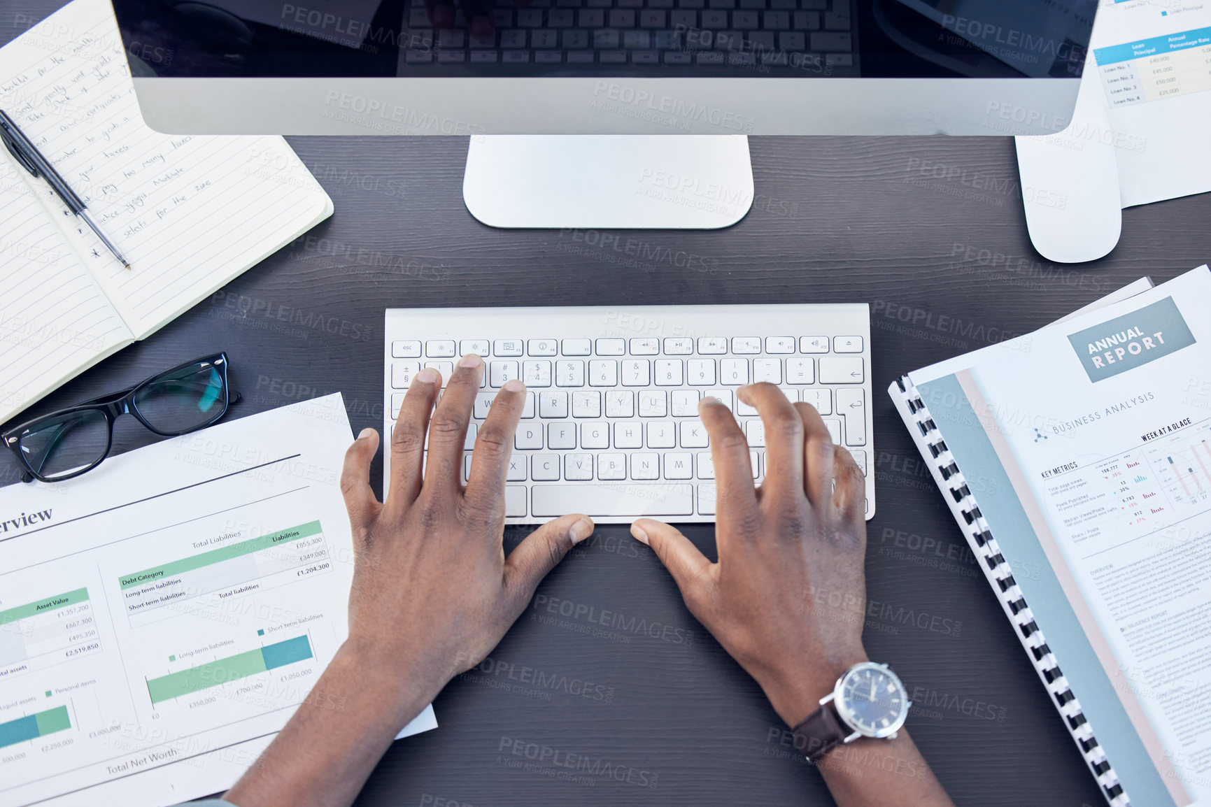 Buy stock photo Hands, man and keyboard for typing in office, computer and finance report or online for budget. Male person, fingers and above for accounting or paperwork, admin and internet for tax or business