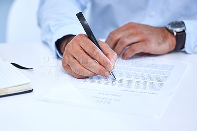 Buy stock photo Business person, hands and signature with pen for contract, recruitment or onboarding or employee. Hr manger or employer and signing or writing documents for application, hiring or legal paperwork