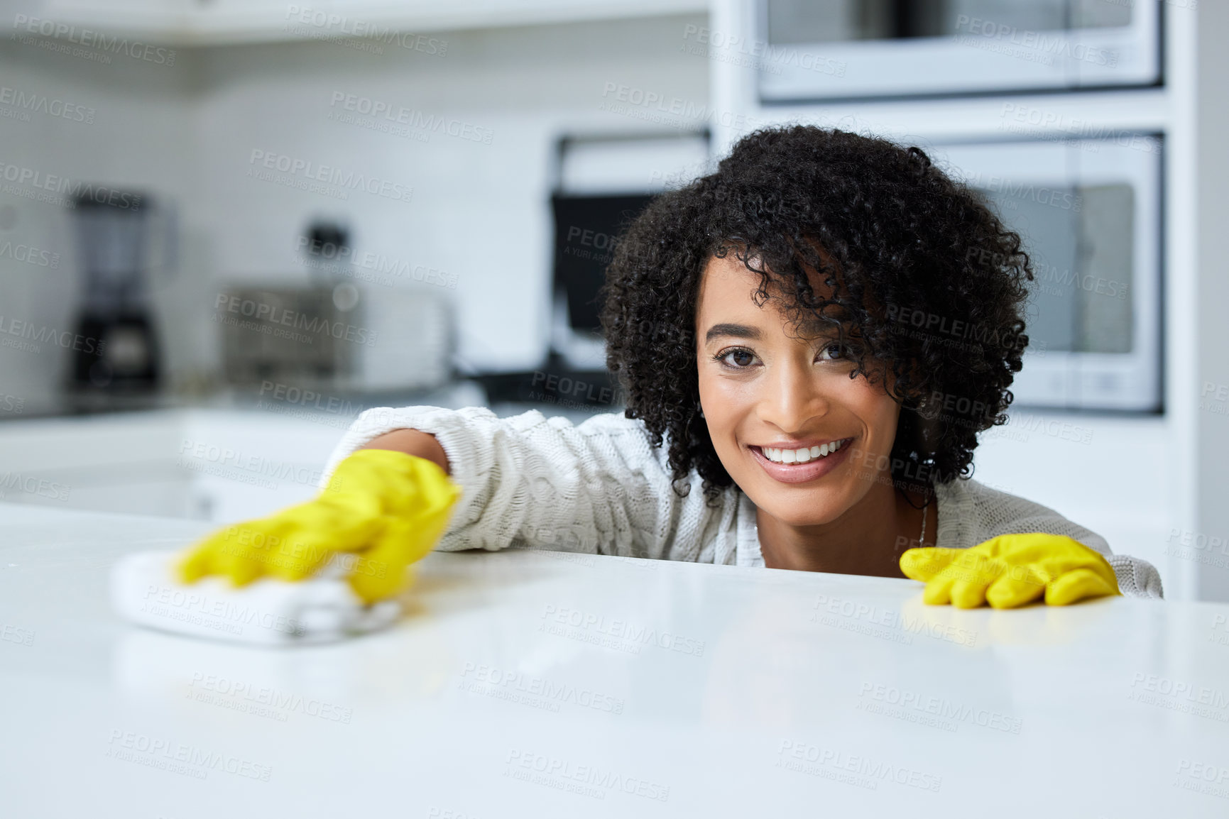 Buy stock photo Cleaner, portrait and happy woman in kitchen of home for hygiene, countertop or housekeeping. Cloth, table and face of female maid in apartment for cleaning domestic work, task or wipe surface