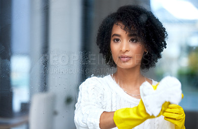 Buy stock photo Window, cleaning and woman with cloth for dirt removal, maintenance or housekeeping at home. Surface, bacteria and female person with thinking in house for hygiene, disinfection or chemical detergent