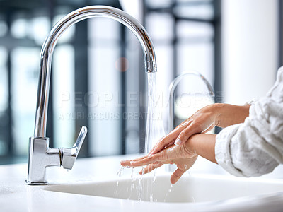 Buy stock photo Woman, water and hands for hygiene with closeup for cleaning bacteria for wellness with wash for fresh. Tap, basin and disinfect for influenza prevention with cleanliness for care with liquid.