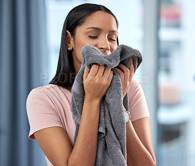 Buy stock photo Fresh linen, laundry and happy woman with towel after spring cleaning, housework and washing clothes in the morning. Chores, housekeeping and female person with hygiene, scent and wash cloth at home
