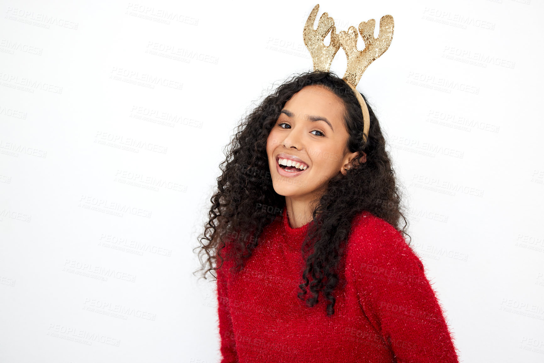 Buy stock photo Christmas, reindeer and portrait of girl with fashion on holiday or vacation in white background. Studio, model and woman with festive style of headband for merry xmas celebration with happiness