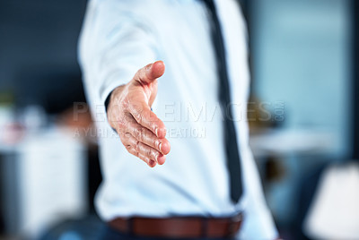 Buy stock photo Handshake, greeting and businessman stretching hand in office for welcome, b2b deal or partnership. Corporate, career and hr manager with shaking hands gesture for onboarding, hiring or recruitment.