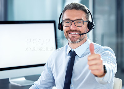 Buy stock photo Thumbs up, portrait and man call center consultant in office for crm online consultation with headset. Happy, telemarketing and technical support or customer service agent with satisfied hand gesture
