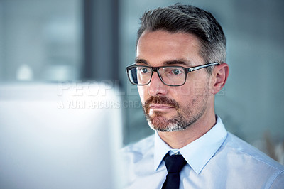 Buy stock photo Businessman, research and computer for office, working and corporate email for connection. Lawyer, law firm and technology for online, legal project and website reading in formal company workplace