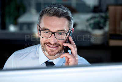 Buy stock photo Businessman, phone call and computer for office, working and corporate email for connection. Lawyer, law firm and technology for online research, legal project and website reading in formal workplace