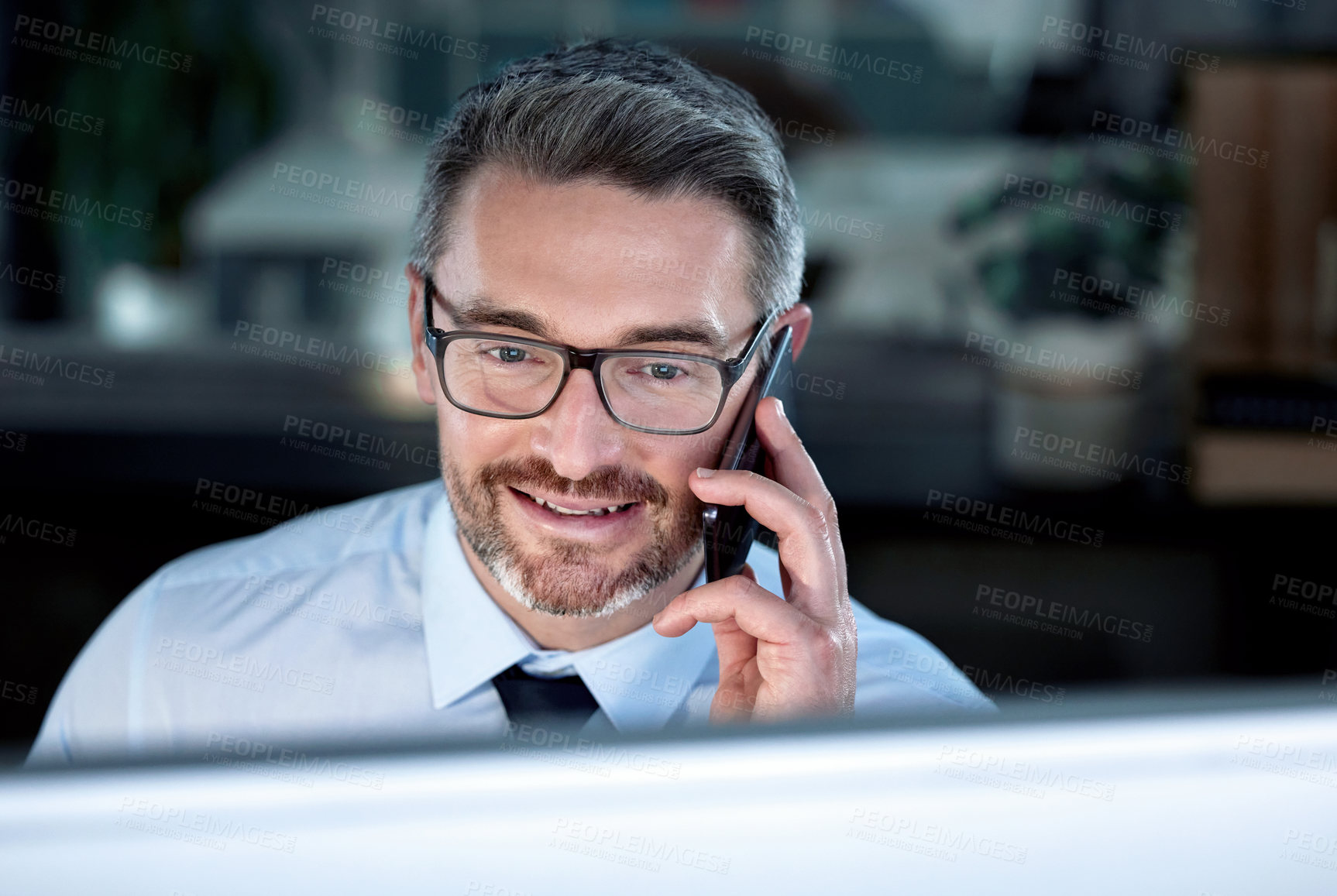 Buy stock photo Businessman, phone call and computer for office, working and corporate email for connection. Lawyer, law firm and technology for online research, legal project and website reading in formal workplace