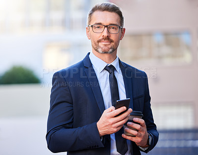 Buy stock photo Portrait, businessman and cellphone with coffee in city as project manager for company in Berlin. Male person, professional and technology for connection, communication and app in Germany for job