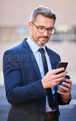 Buy stock photo Smart, businessman and cellphone with coffee in city as property manager for company in Berlin. Male person, professional and technology for connection, communication and app in Germany in suit