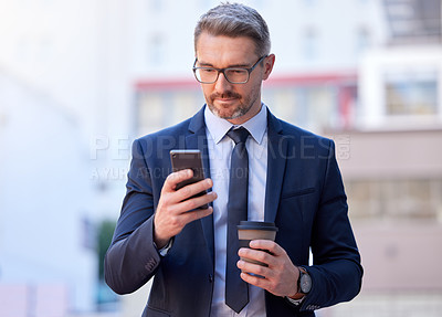 Buy stock photo Businessman, smart and cellphone with coffee in city as project manager for company in Berlin. Male person, professional and technology for connection, communication and app in Germany for job