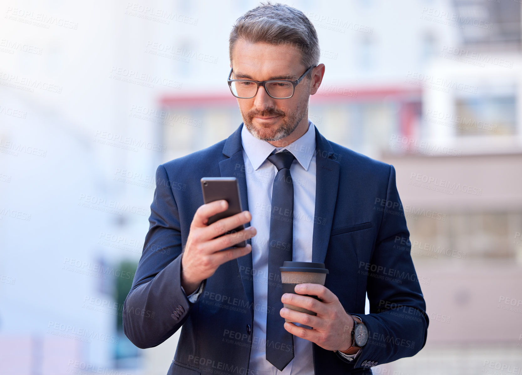 Buy stock photo Businessman, smart and cellphone with coffee in city as project manager for company in Berlin. Male person, professional and technology for connection, communication and app in Germany for job