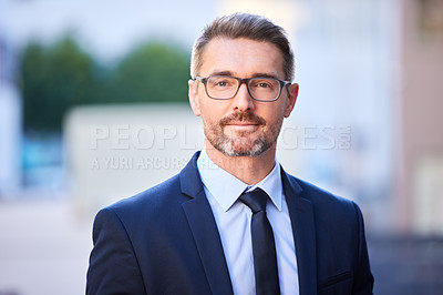 Buy stock photo Portrait, mature man and realtor in corporate with face in city as real, estate and agent for company in Berlin. Male person, professional and manager in property for clients in Germany for viewing