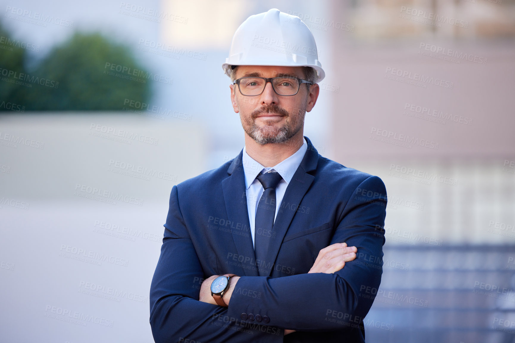 Buy stock photo Man, portrait and engineer with arms crossed at building for real estate architecture, property or construction site. Male person, face and project development or employee, supervisor or professional