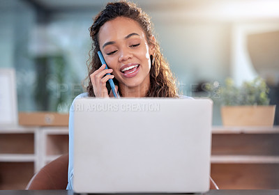 Buy stock photo Business, woman and phone call in office with laptop for networking or corporate communication for company deal. Female entrepreneur, technology and multitasking for productivity, connection and work