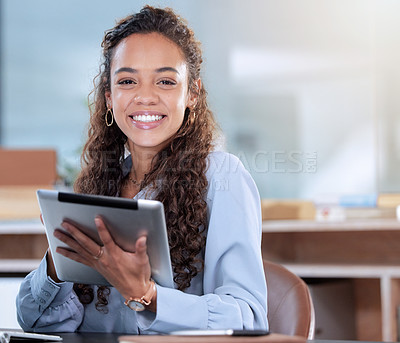 Buy stock photo Black woman, portrait and typing on tablet in office, smile and networking on app. Female person, happy and website for research and check email, planning agenda and consultant for communication