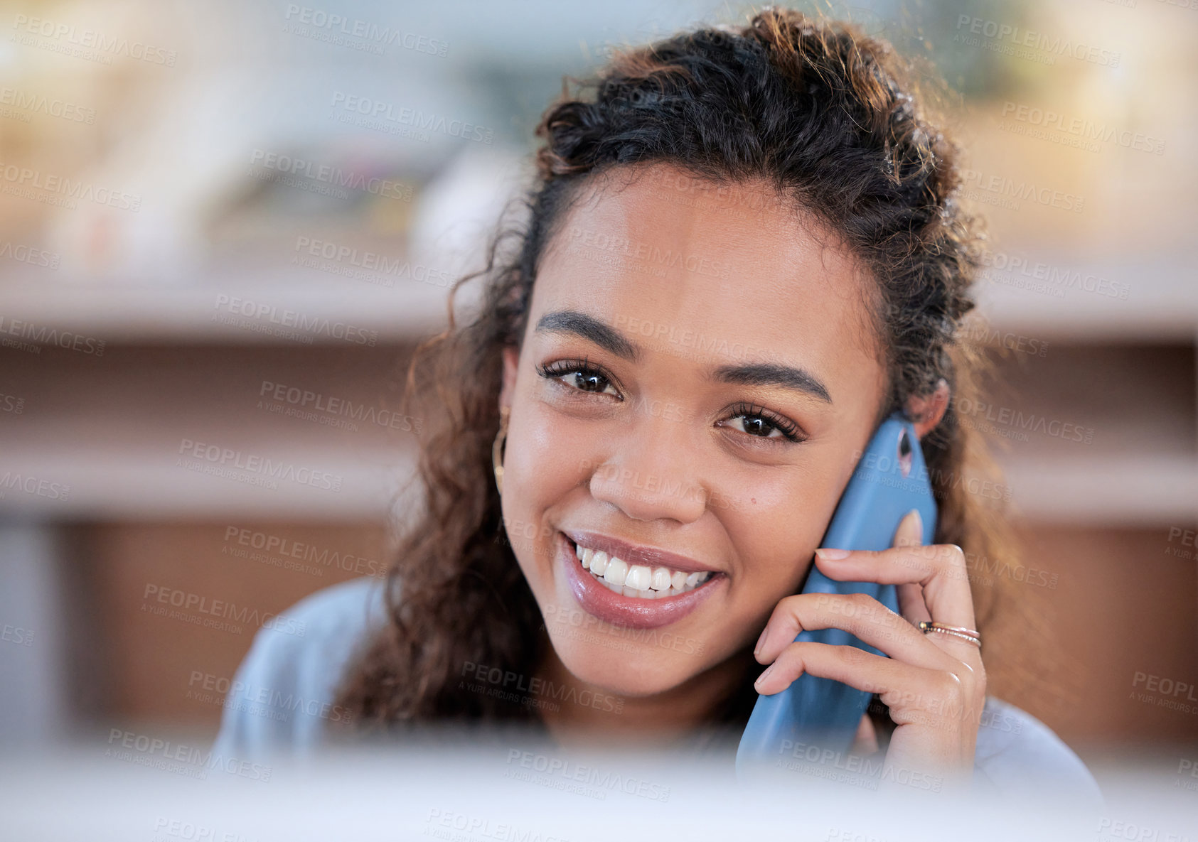 Buy stock photo Woman, phone call and portrait at computer in office, conversation and networking on app. Female person, secretary and website for research and receptionist, planning and consultant for communication